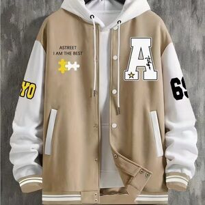 Tan Varsity Jacket with White Sleeves